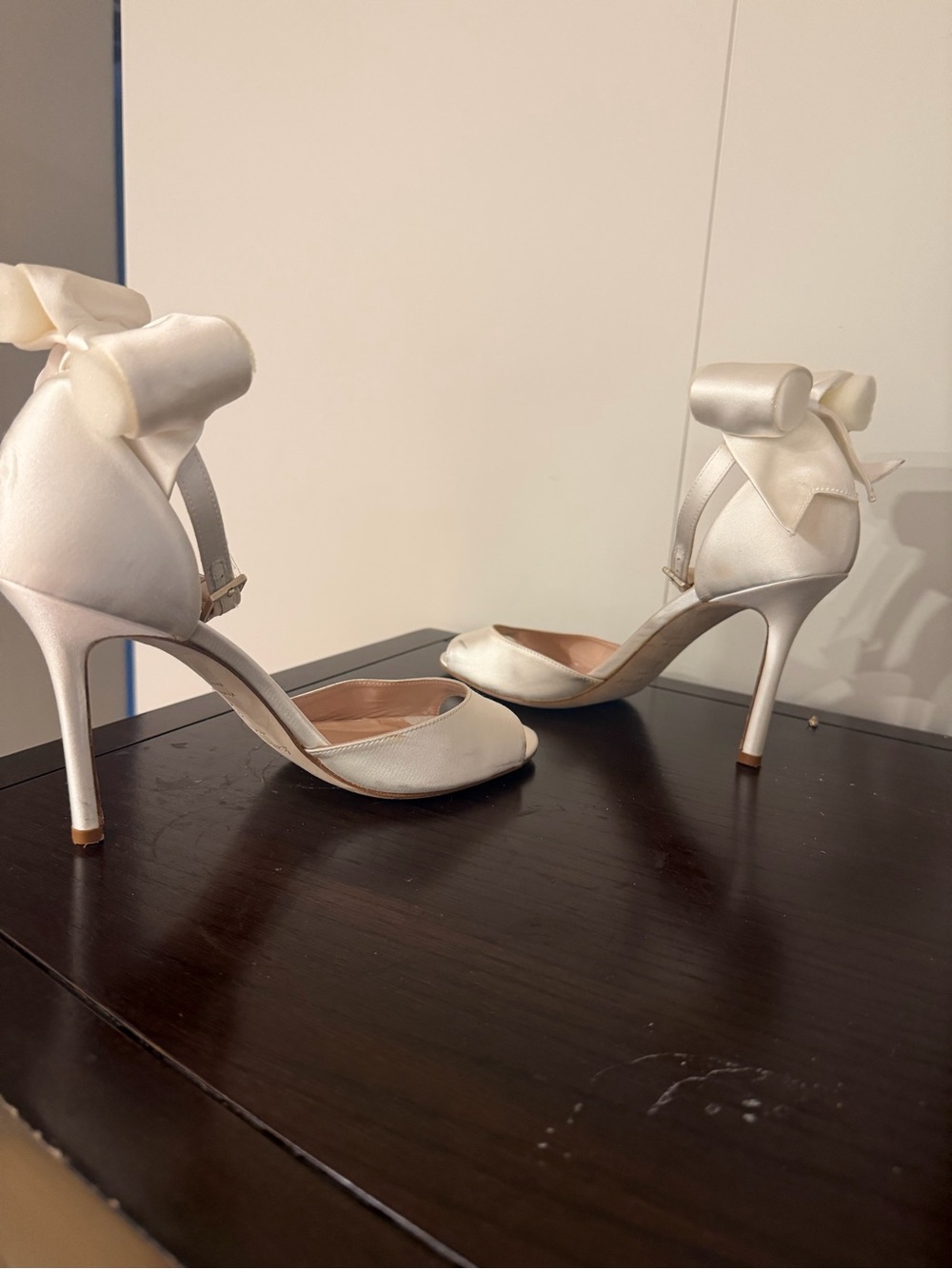 Kate Spade Izzie Satin Ivory Ankle-Strap Heels with Bow Accent